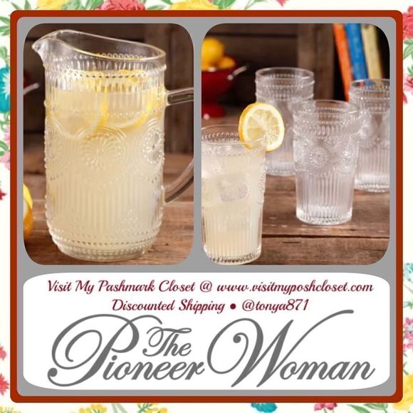 🦋 New Pioneer Woman Clear Adeline Pitcher & 4 Glass Tumblers Gift Set - Picture 4 of 11